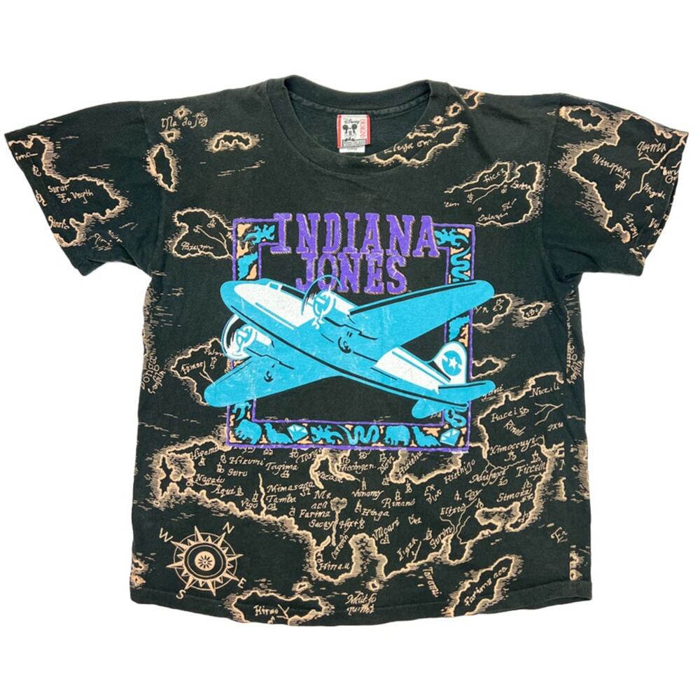Vintage 1989 Indiana Jones All Over Print Disney Designs Tee Shirt